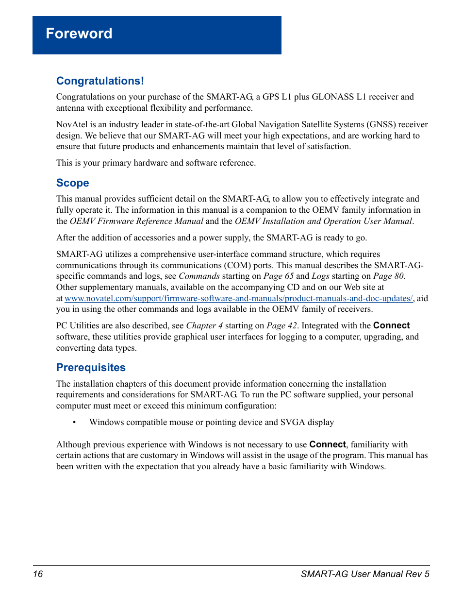 Foreword 16, Foreword, Scope | Prerequisites | Novatel GNSS Receiver and Antenna SMART-AG User Manual | Page 16 / 92