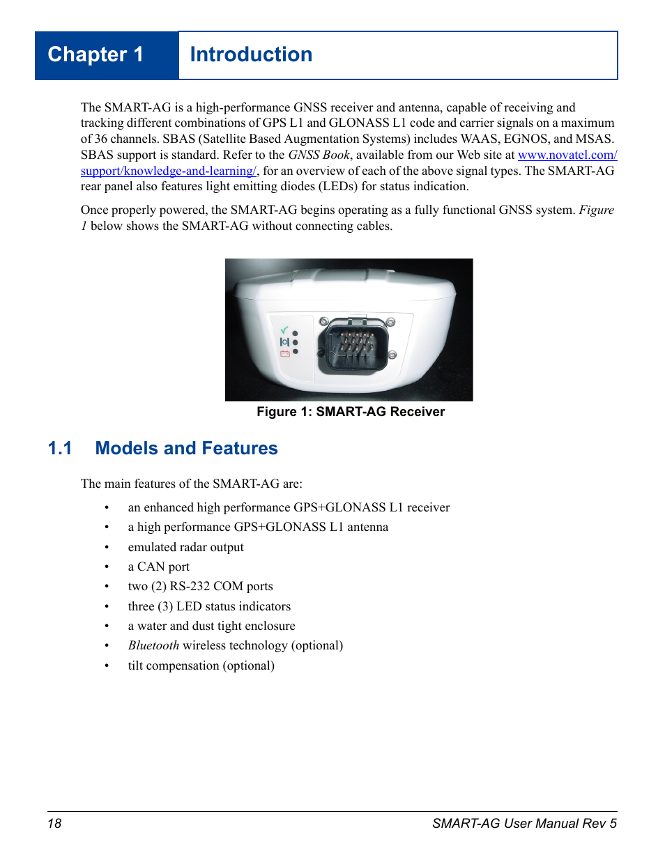 Introduction, 1 models and features, 1 introduction | Smart-ag receiver, Chapter 1 introduction | Novatel GNSS Receiver and Antenna SMART-AG User Manual | Page 18 / 92