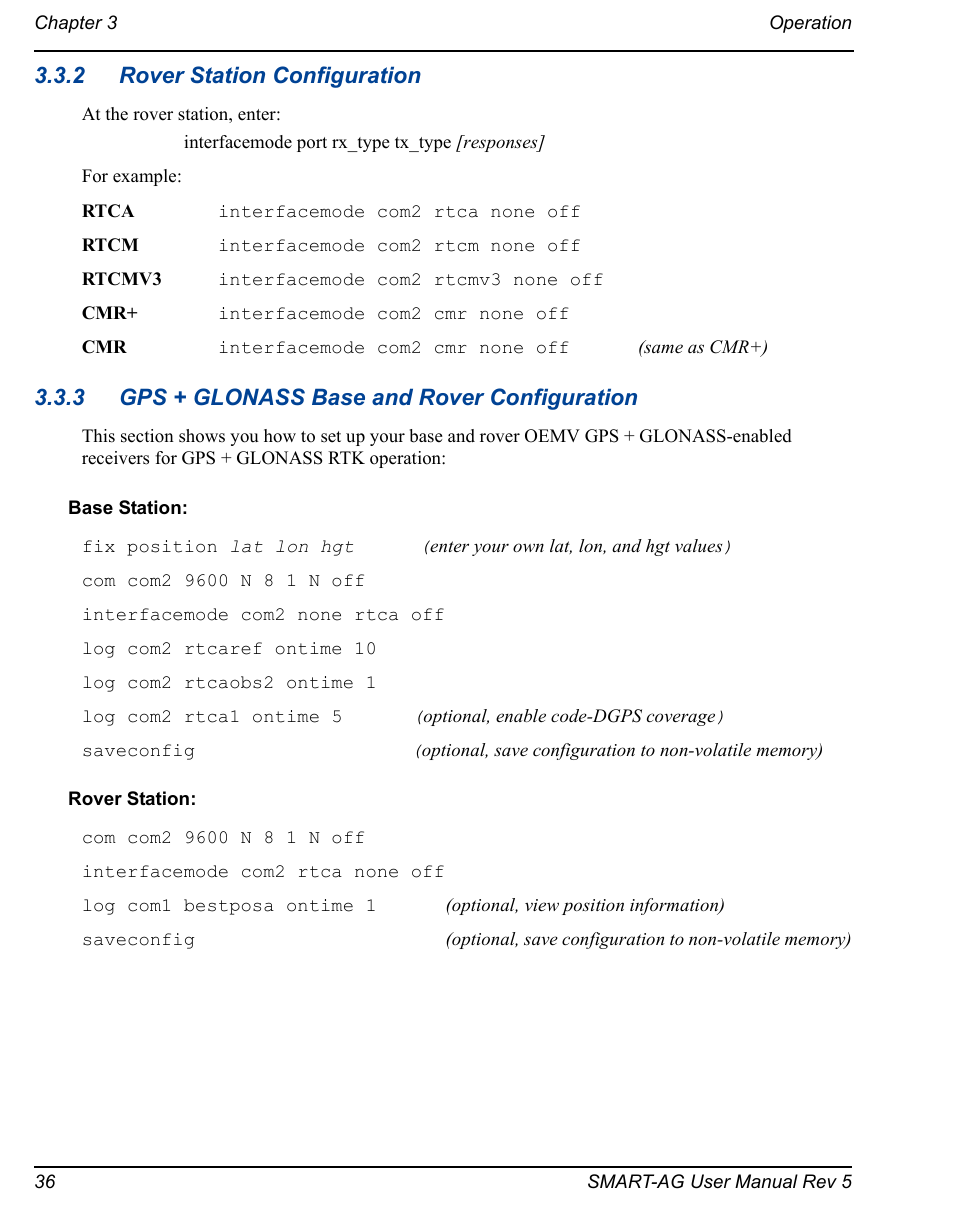 2 rover station configuration, 3 gps + glonass base and rover configuration | Novatel GNSS Receiver and Antenna SMART-AG User Manual | Page 36 / 92