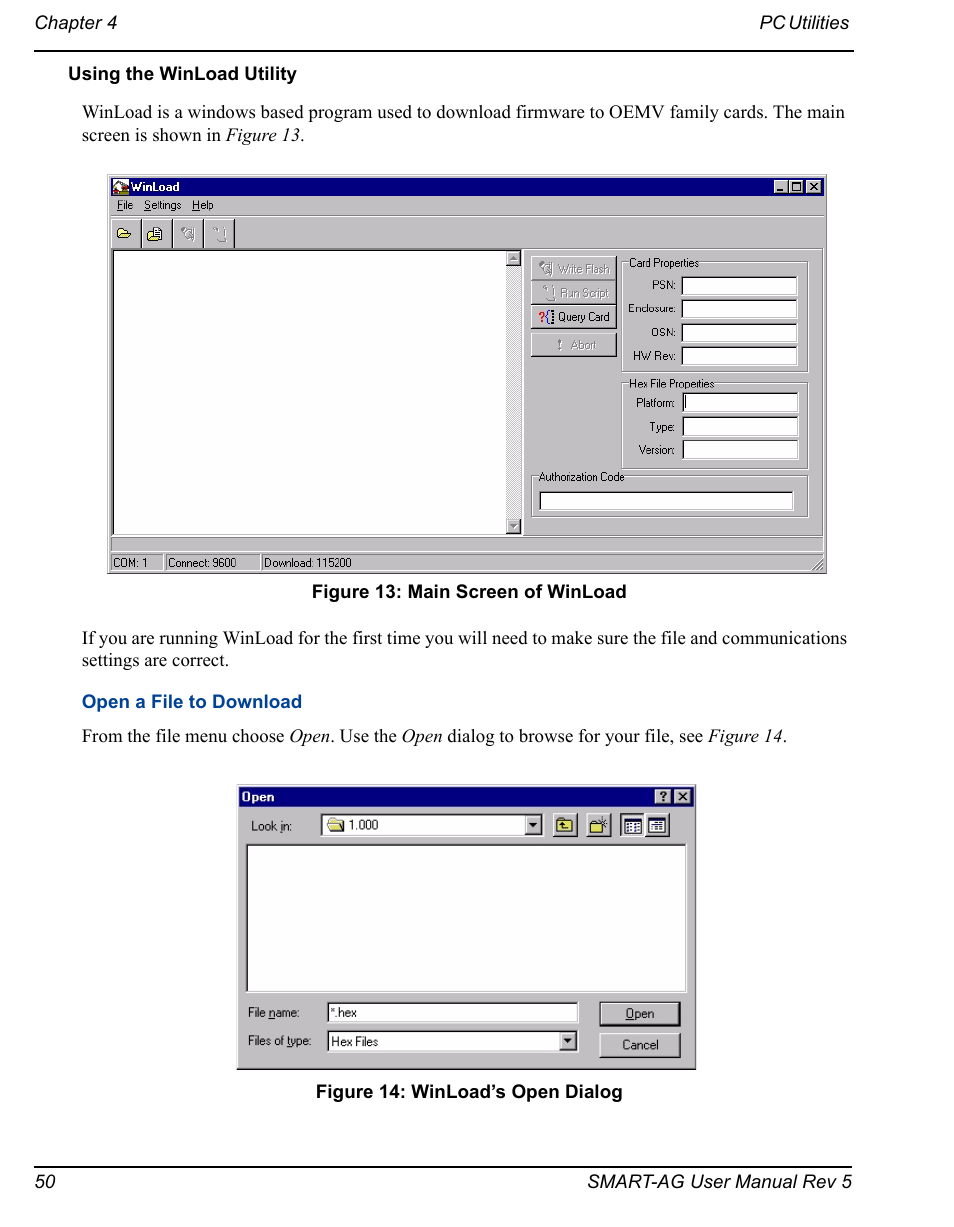 Main screen of winload, Winload’s open dialog | Novatel GNSS Receiver and Antenna SMART-AG User Manual | Page 50 / 92