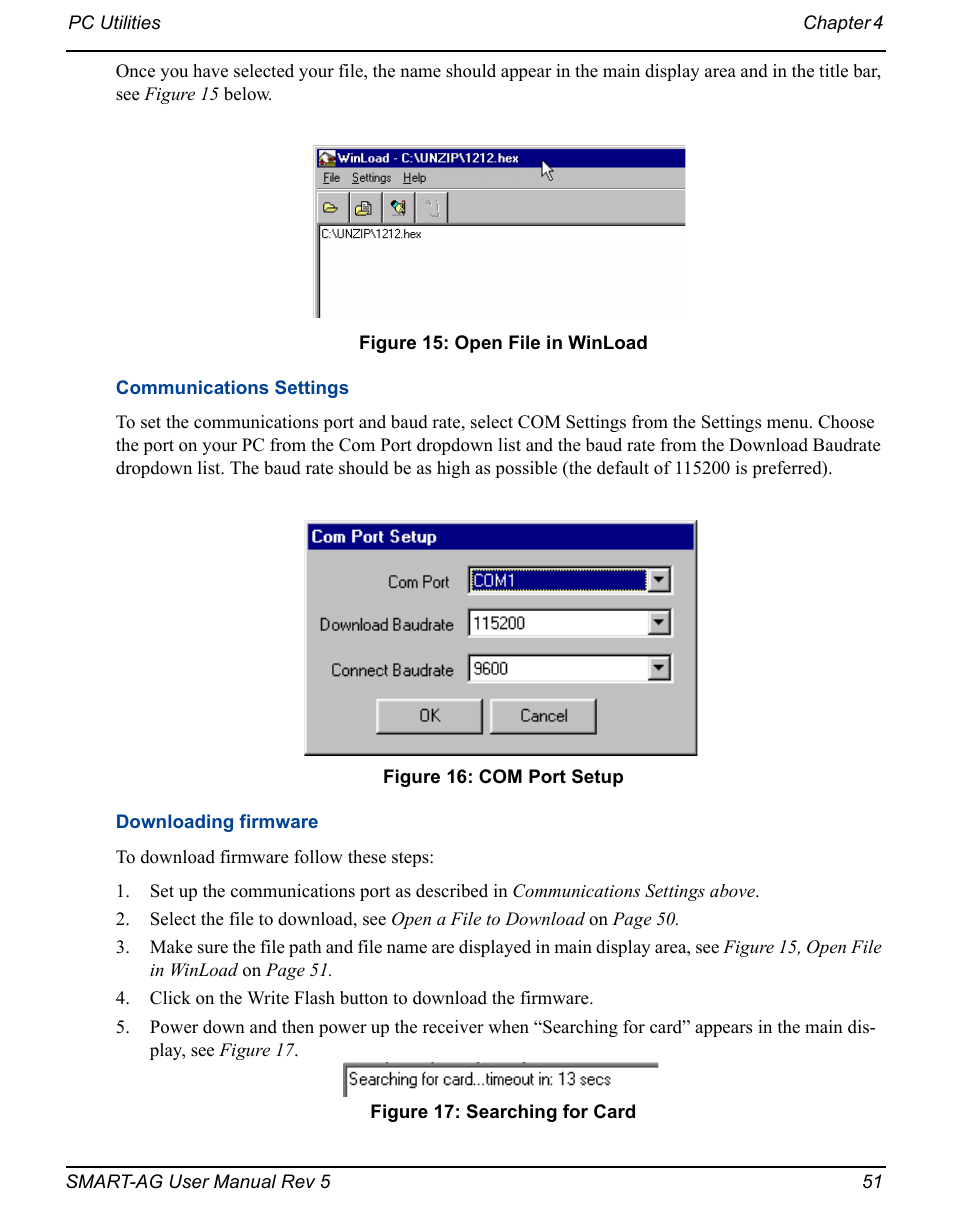 Open file in winload, Com port setup, Searching for card | Novatel GNSS Receiver and Antenna SMART-AG User Manual | Page 51 / 92