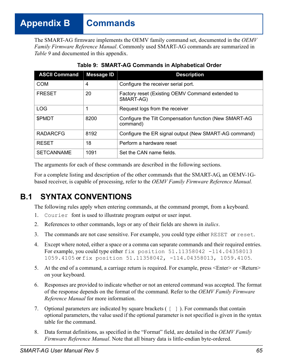Commands, B.1 syntax conventions, B commands | Syntax conventions, Smart-ag commands in alphabetical order, Appendix b commands | Novatel GNSS Receiver and Antenna SMART-AG User Manual | Page 65 / 92