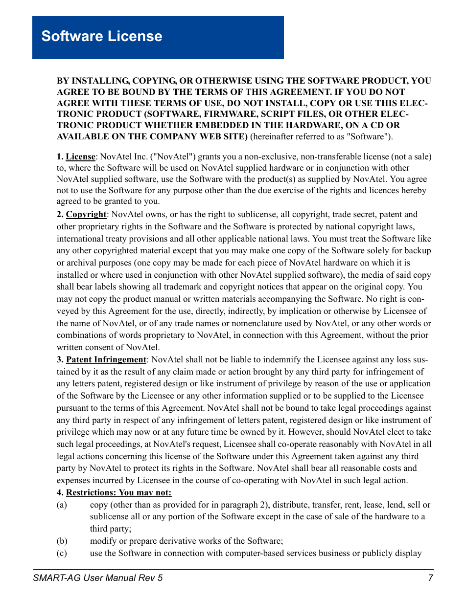 Software license | Novatel GNSS Receiver and Antenna SMART-AG User Manual | Page 7 / 92
