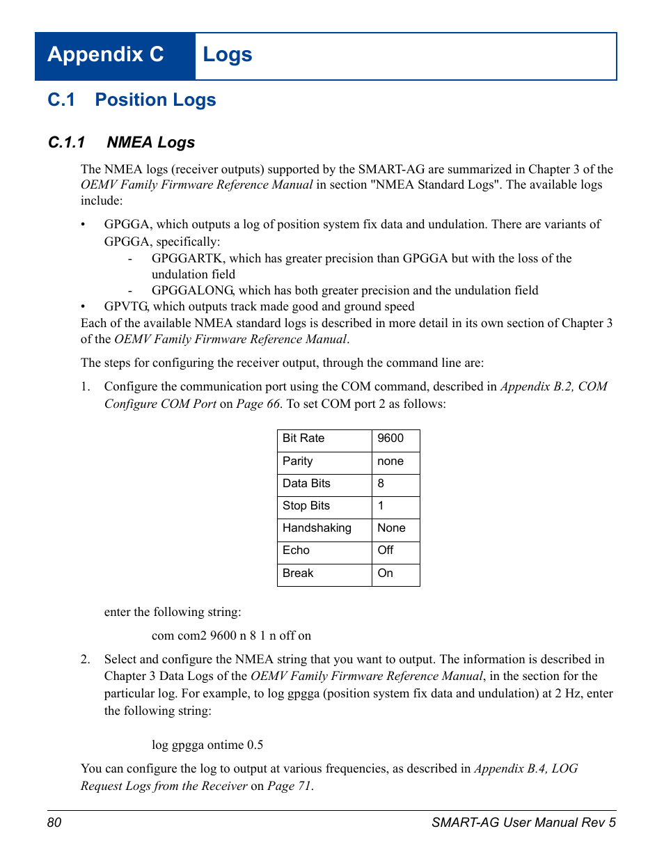 Logs, C.1 position logs, C logs | Position logs, Appendix c logs | Novatel GNSS Receiver and Antenna SMART-AG User Manual | Page 80 / 92
