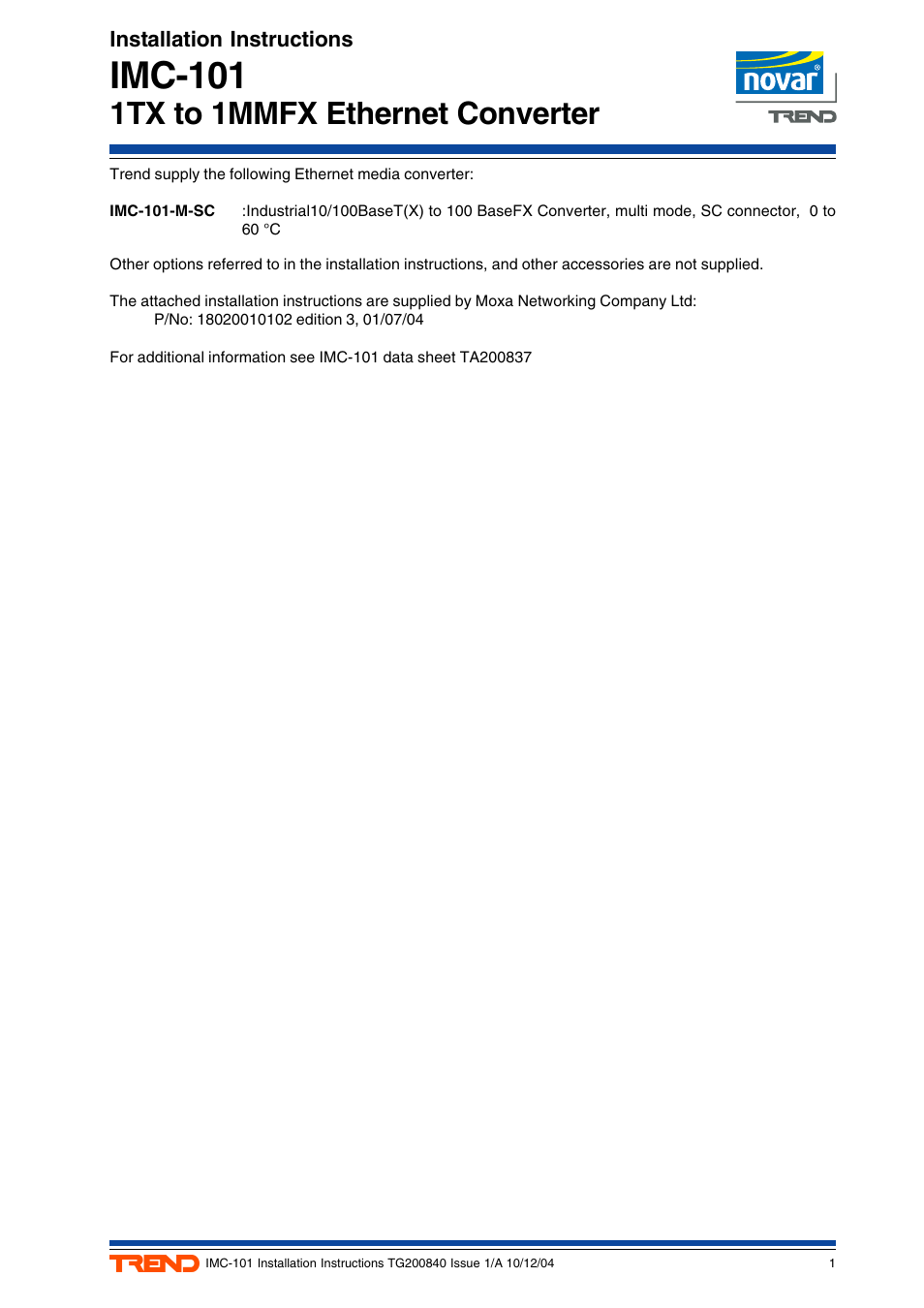 TREND IMC-101 User Manual | 19 pages