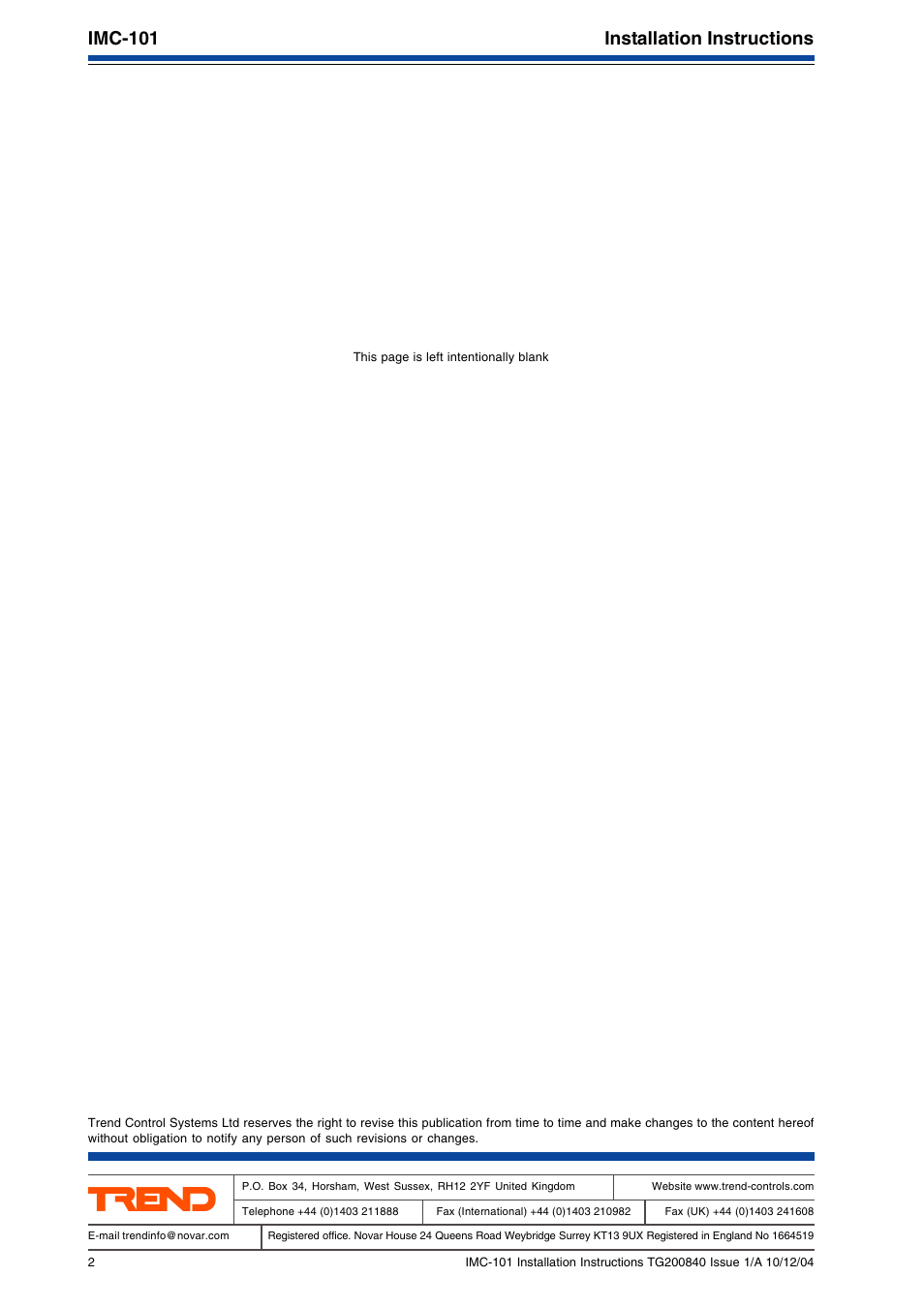 Imc-101 installation instructions | TREND IMC-101 User Manual | Page 2 / 19