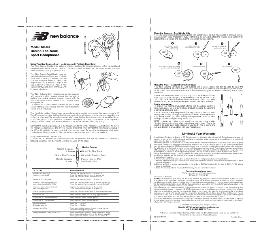 Behind-the-neck sport headphones, Model: nb464 | New Balance NB464 User Manual | Page 2 / 2