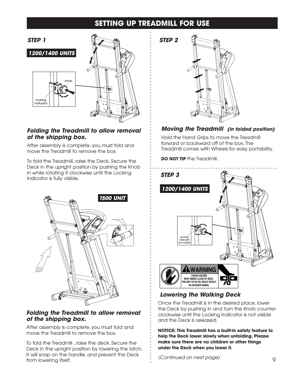 Setting up treadmill for use, Warning, Moving the treadmill | Step 1 step 2 lowering the walking deck, Step 3 | New Balance 1500 User Manual | Page 10 / 35
