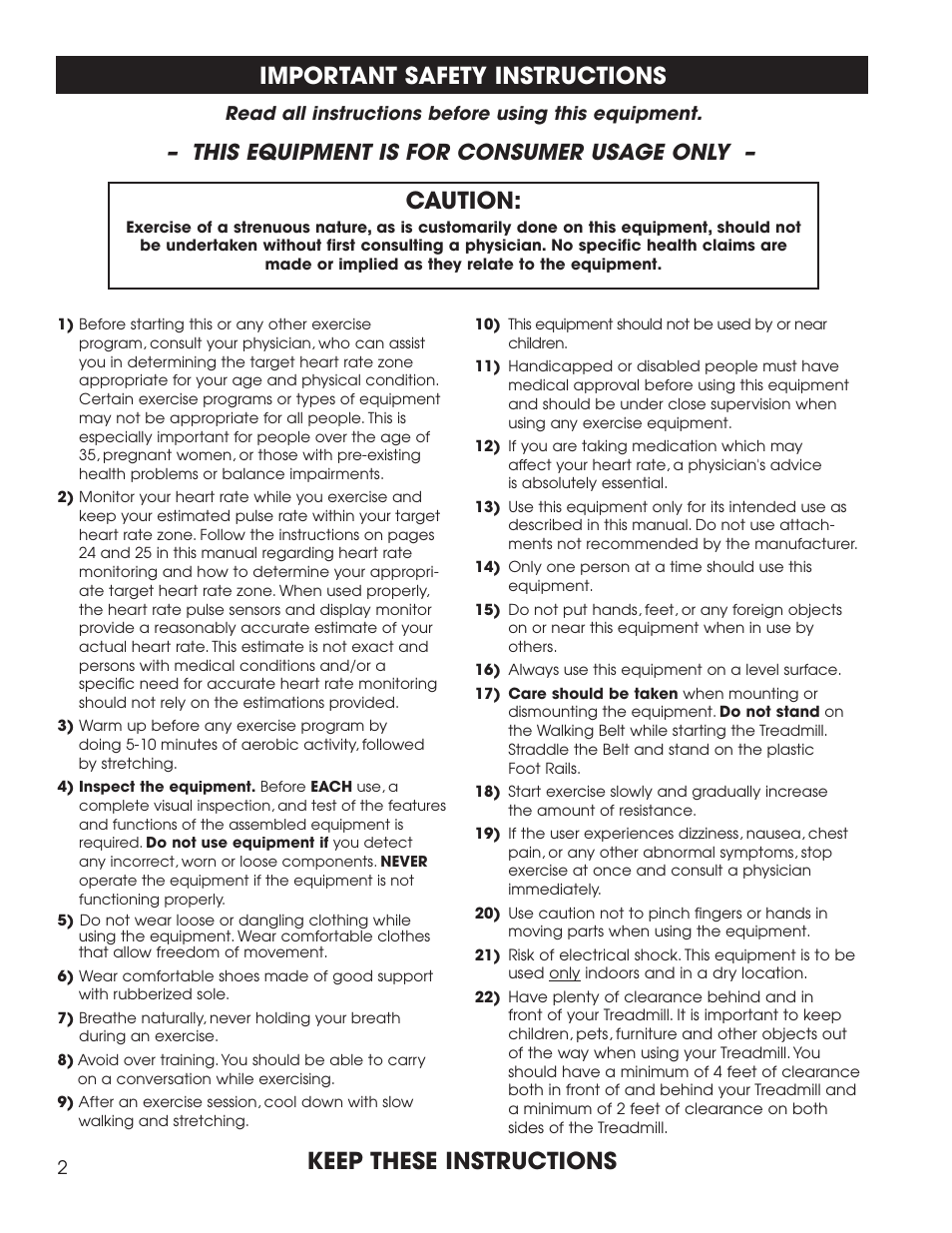 Important safety instructions, Caution, Keep these instructions | This equipment is for consumer usage only | New Balance 1500 User Manual | Page 3 / 35