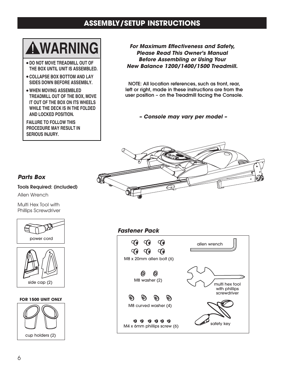 Warning, Assembly/setup instructions | New Balance 1500 User Manual | Page 7 / 35