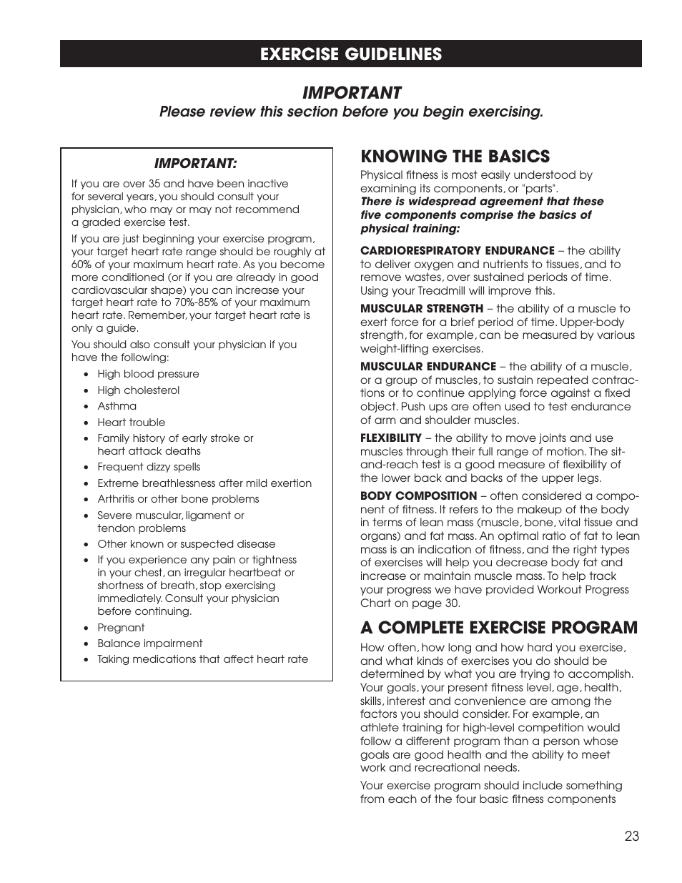 Important, Exercise guidelines, Knowing the basics | A complete exercise program | New Balance 1800 User Manual | Page 24 / 35