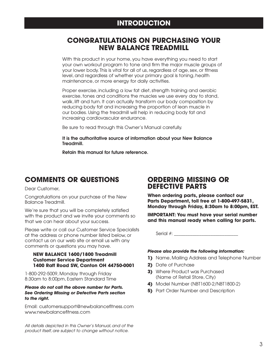 Ordering missing or defective parts, Comments or questions | New Balance 1800 User Manual | Page 4 / 35