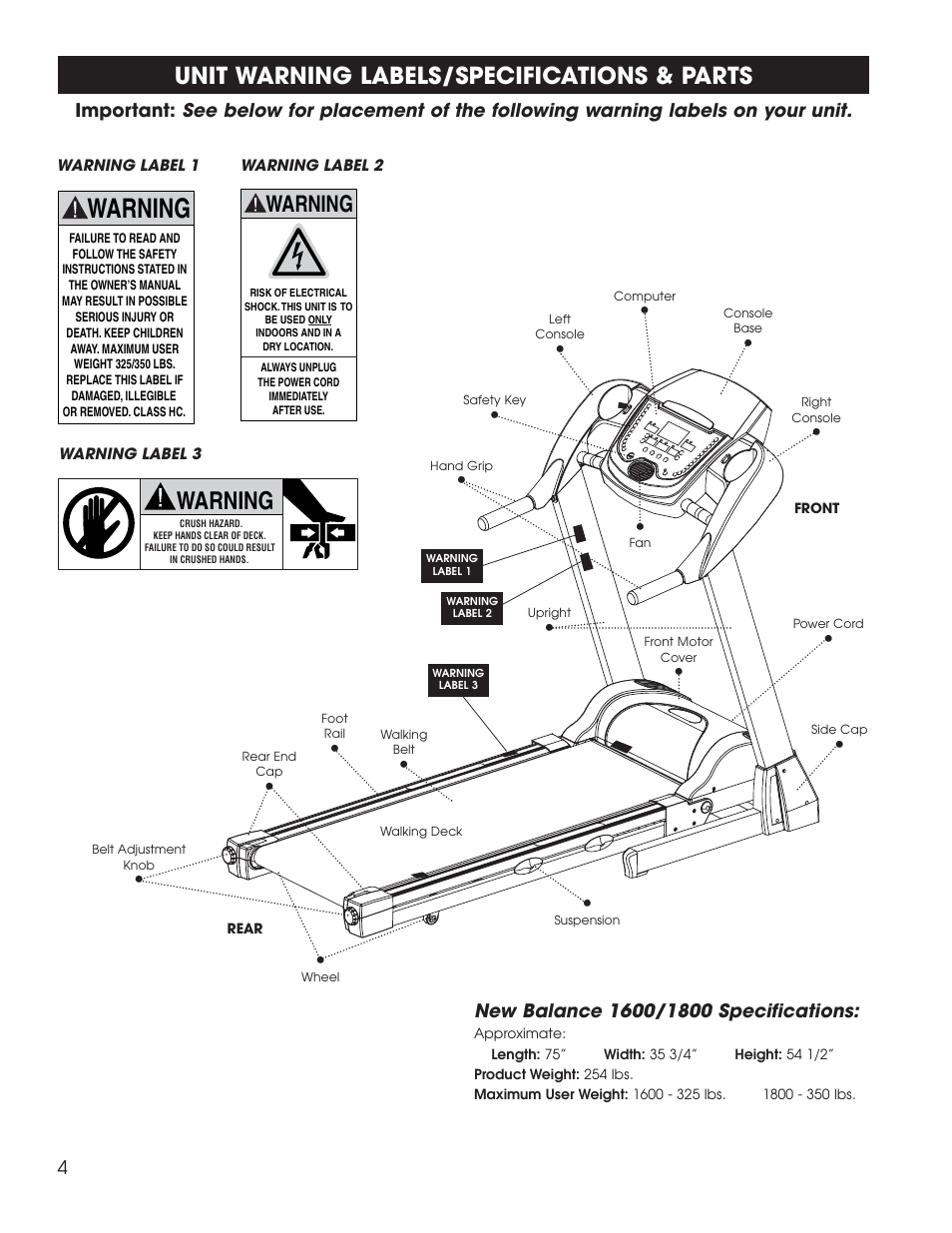 Warning, Unit warning labels/specifications & parts | New Balance 1800 User Manual | Page 5 / 35