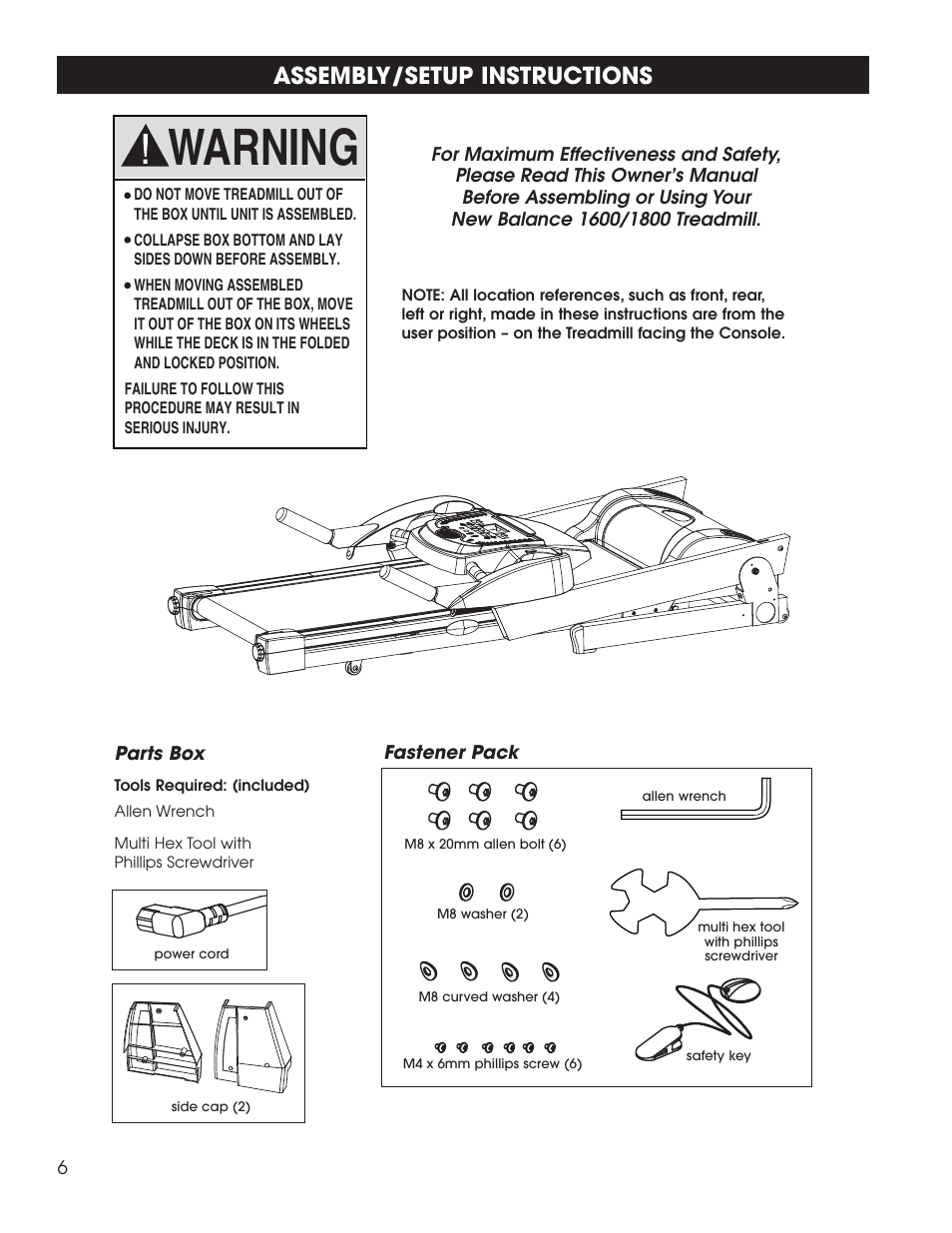 Warning, Assembly/setup instructions | New Balance 1800 User Manual | Page 7 / 35
