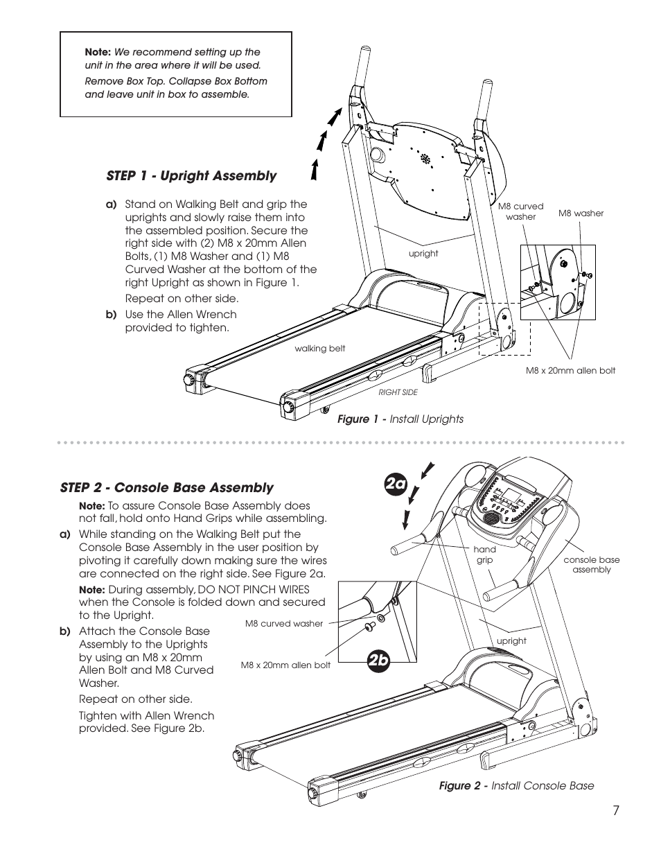 2a 2b, Step 1 - upright assembly, Step 2 - console base assembly | New Balance 1800 User Manual | Page 8 / 35