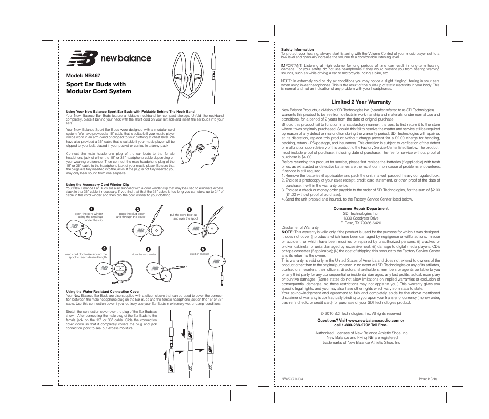 Sport ear buds with modular cord system, Model: nb467, Limited 2 year warranty | New Balance NB467 User Manual | Page 2 / 2