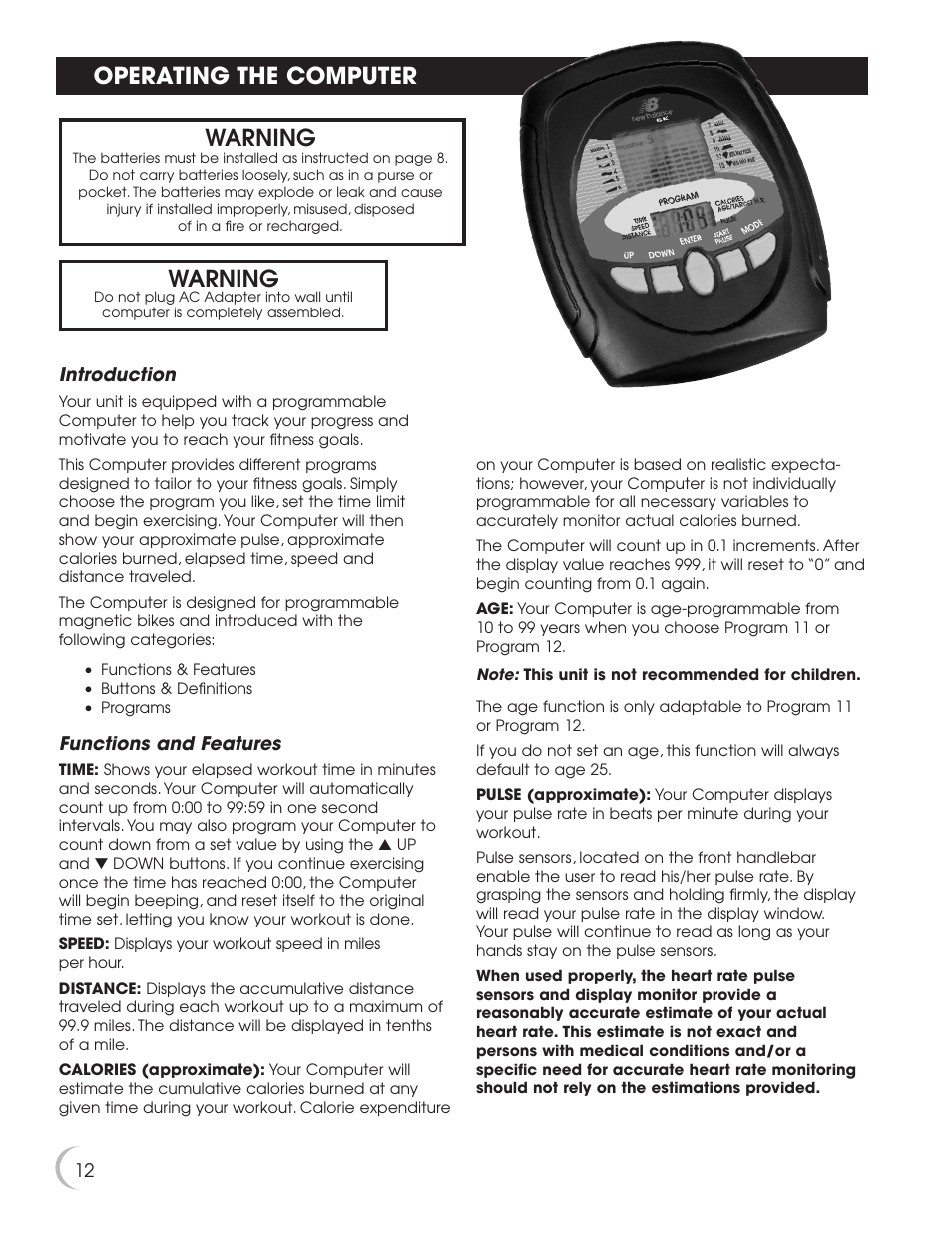 Operating the computer, Warning | New Balance 5K 5100 User Manual | Page 13 / 26