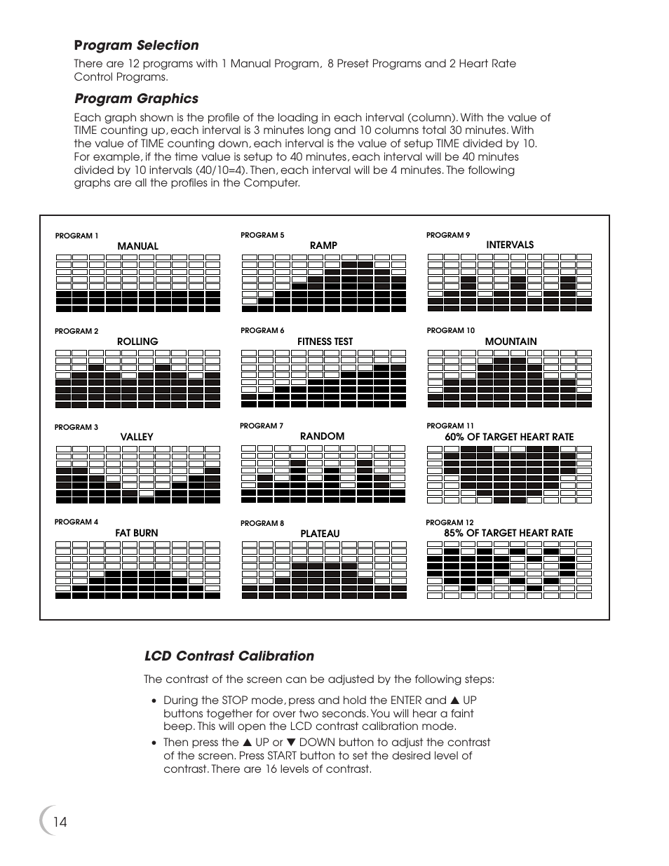 14 p rogram selection, Program graphics, Lcd contrast calibration | New Balance 5K 5100 User Manual | Page 15 / 26