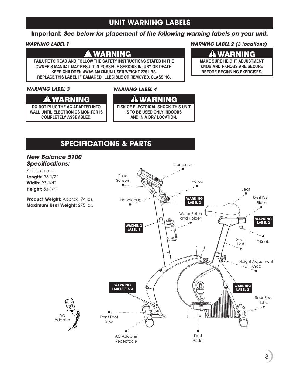 Warning, Unit warning labels specifications & parts | New Balance 5K 5100 User Manual | Page 4 / 26
