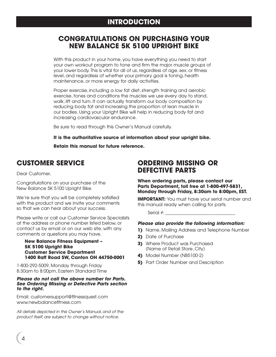 Customer service, Ordering missing or defective parts | New Balance 5K 5100 User Manual | Page 5 / 26