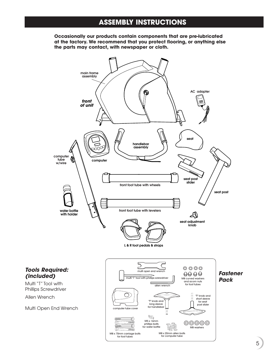 Assembly instructions, Fastener pack tools required: (included), Front of unit | New Balance 5K 5100 User Manual | Page 6 / 26