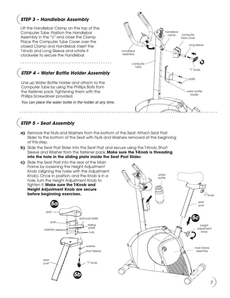 5c 5a 5b, Step 3 – handlebar assembly, Step 4 – water bottle holder assembly | Step 5 – seat assembly | New Balance 5K 5100 User Manual | Page 8 / 26