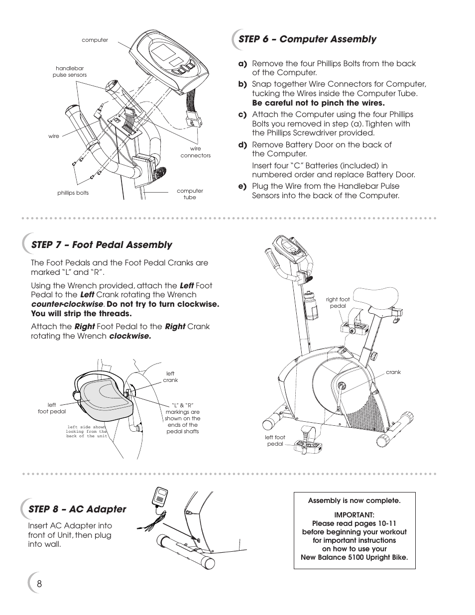 Step 7 – foot pedal assembly, Step 6 – computer assembly, 8step 8 – ac adapter | New Balance 5K 5100 User Manual | Page 9 / 26