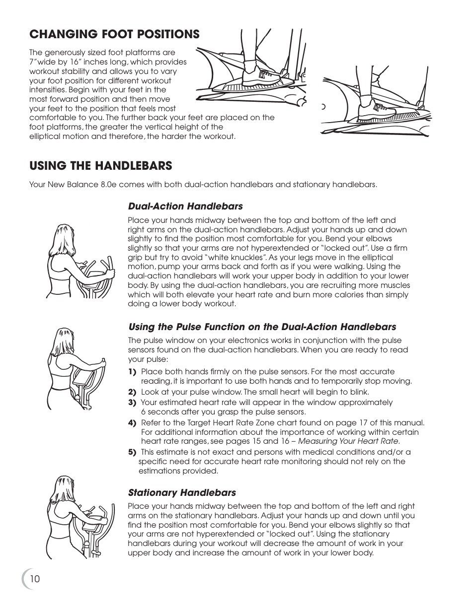 Changing foot positions, Using the handlebars | New Balance 8.0e User Manual | Page 11 / 26