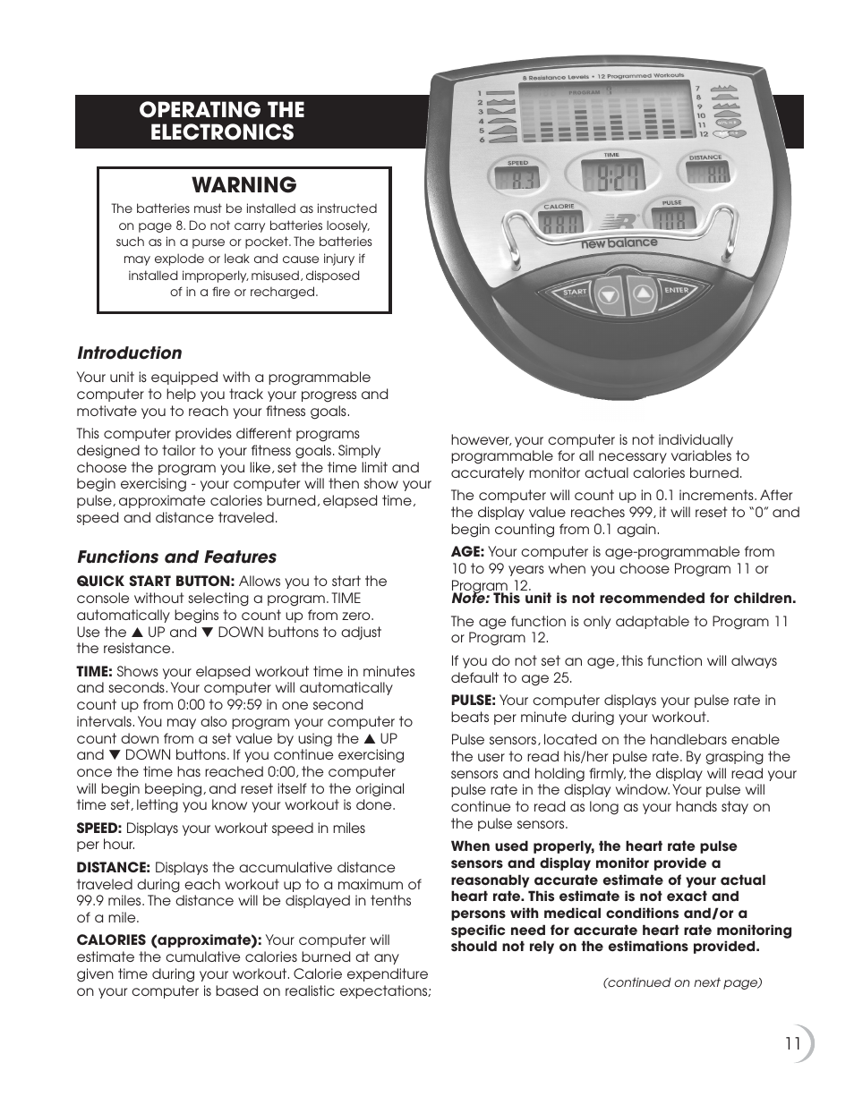 Operating the electronics, Warning | New Balance 8.0e User Manual | Page 12 / 26