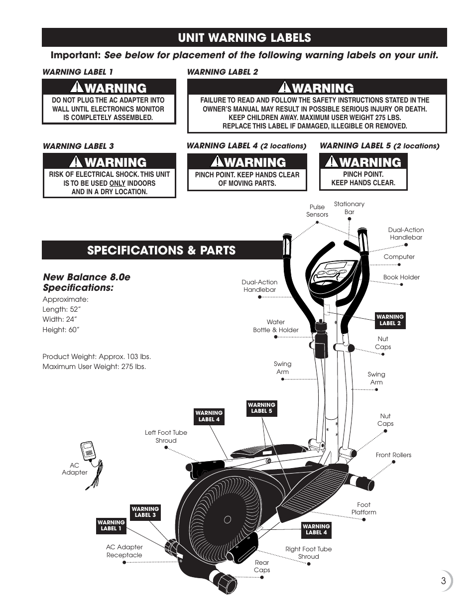Warning, Unit warning labels specifications & parts | New Balance 8.0e User Manual | Page 4 / 26