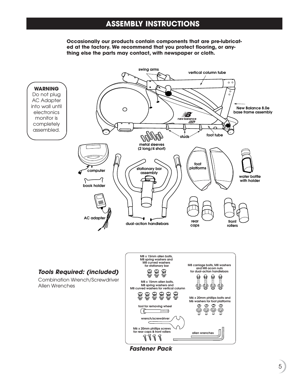 Assembly instructions, 5fastener pack tools required: (included) | New Balance 8.0e User Manual | Page 6 / 26