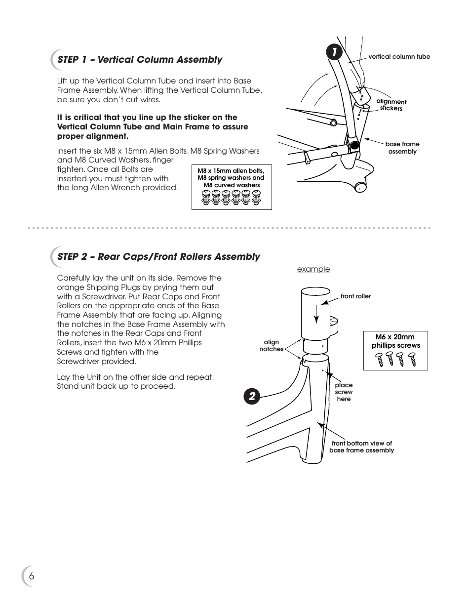 Step 1 – vertical column assembly, Step 2 – rear caps/front rollers assembly | New Balance 8.0e User Manual | Page 7 / 26