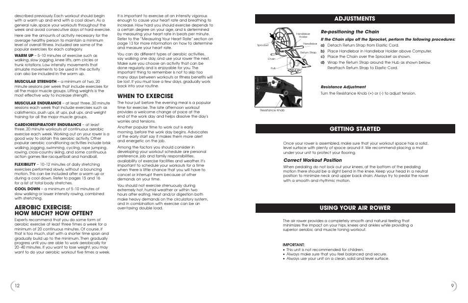 Adjustments, Getting started using your air rower, Aerobic exercise: how much? how often | When to exercise | New Balance 3300 User Manual | Page 10 / 11