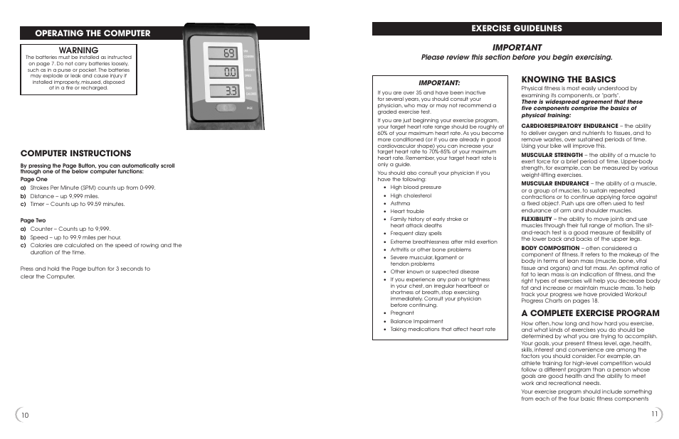 Operating the computer warning, Important, Exercise guidelines | Knowing the basics, A complete exercise program, Computer instructions | New Balance 3300 User Manual | Page 11 / 11