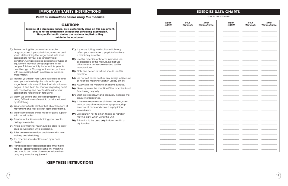 Important safety instructions, Caution, Keep these instructions | Exercise data charts | New Balance 3300 User Manual | Page 3 / 11