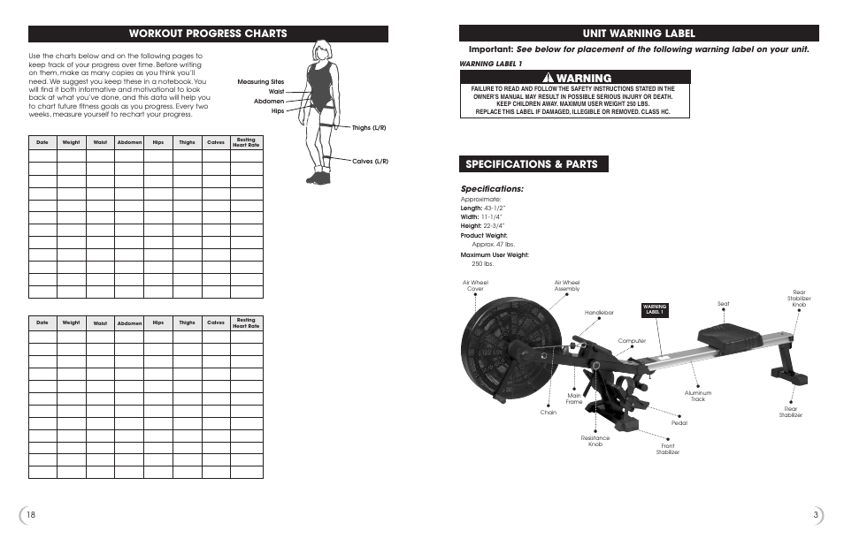 Warning, Specifications & parts, Unit warning label | Workout progress charts | New Balance 3300 User Manual | Page 4 / 11