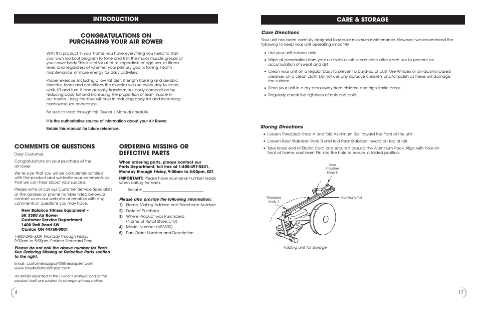 Introduction comments or questions, Ordering missing or defective parts, Care & storage | New Balance 3300 User Manual | Page 5 / 11