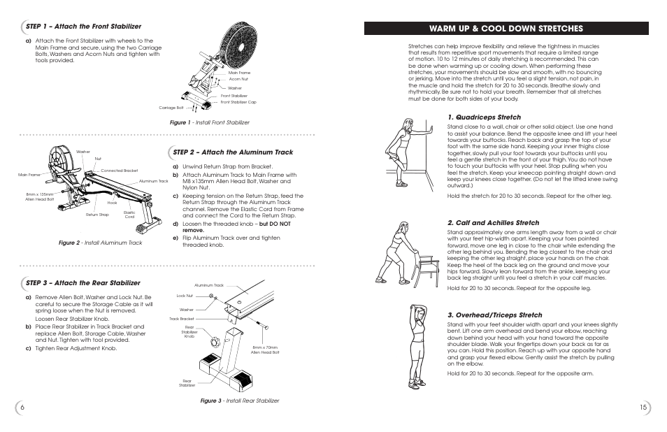 Warm up & cool down stretches, 15 6 step 1 – attach the front stabilizer, Step 3 – attach the rear stabilizer | Quadriceps stretch, Calf and achilles stretch, Overhead/triceps stretch, Step 2 – attach the aluminum track | New Balance 3300 User Manual | Page 7 / 11