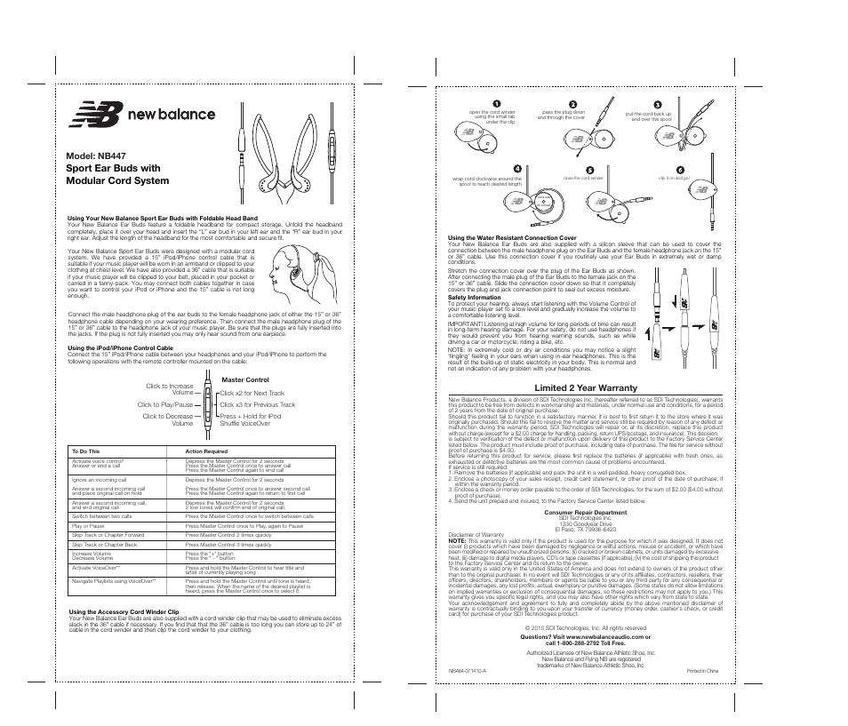 Sport ear buds with modular cord system, Model: nb447, Limited 2 year warranty | New Balance NB447 User Manual | Page 2 / 2