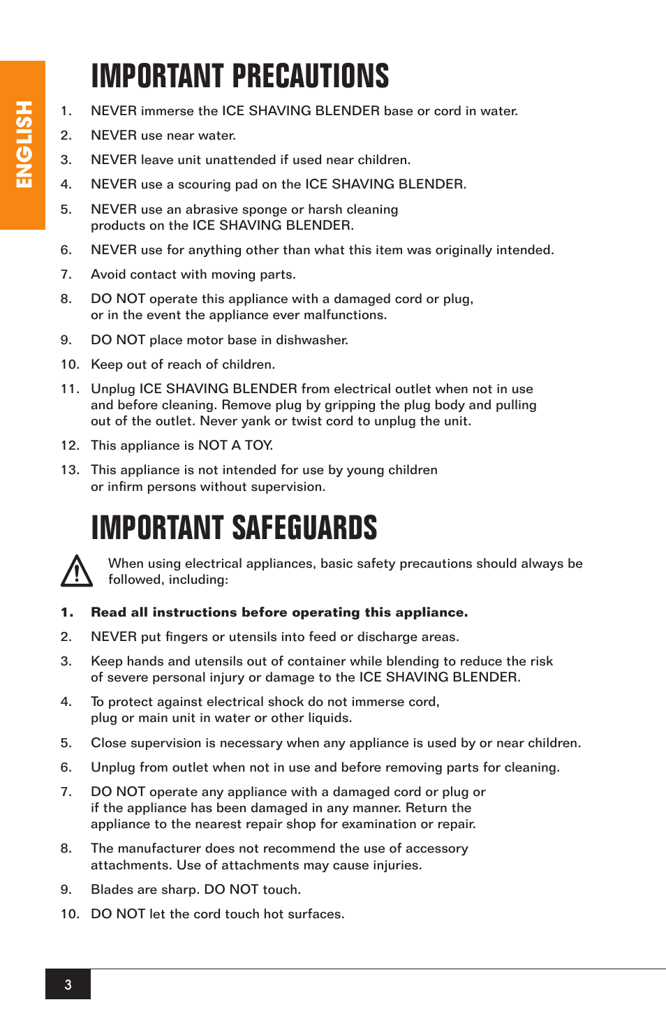 Important precautions, Important safeguards, English | Nostalgia Electrics MARGARITA OASIS MOS-400 User Manual | Page 5 / 14