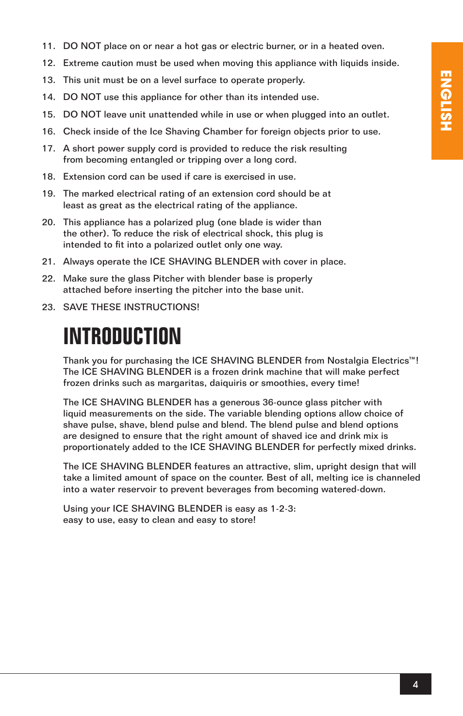 Introduction, English | Nostalgia Electrics MARGARITA OASIS MOS-400 User Manual | Page 6 / 14