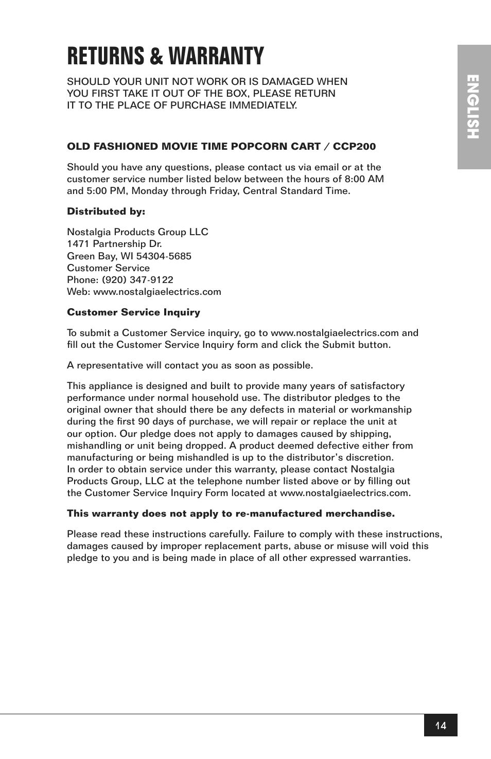 Returns & warranty, English | Nostalgia Electrics CCP200 User Manual | Page 16 / 44