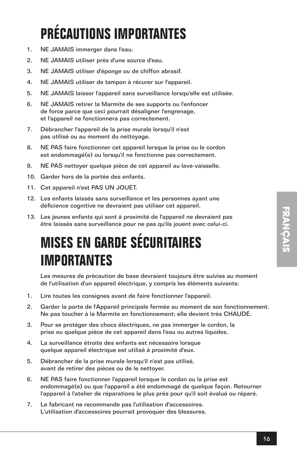 Précautions importantes, Mises en garde sécuritaires importantes, Français | Nostalgia Electrics CCP200 User Manual | Page 18 / 44