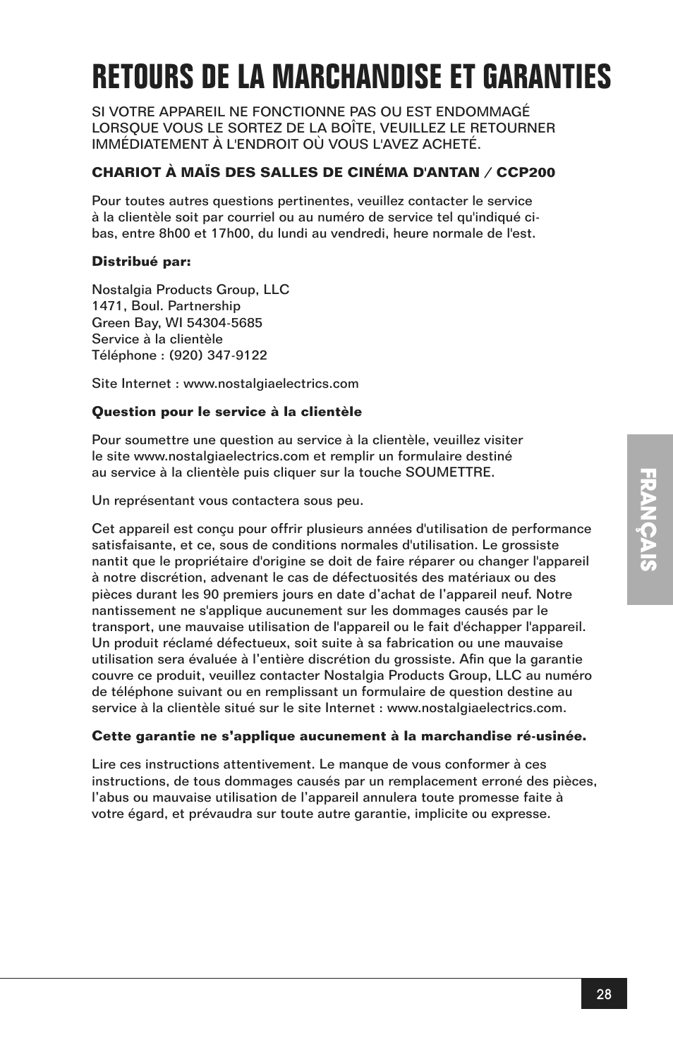 Retours de la marchandise et garanties, Français | Nostalgia Electrics CCP200 User Manual | Page 30 / 44
