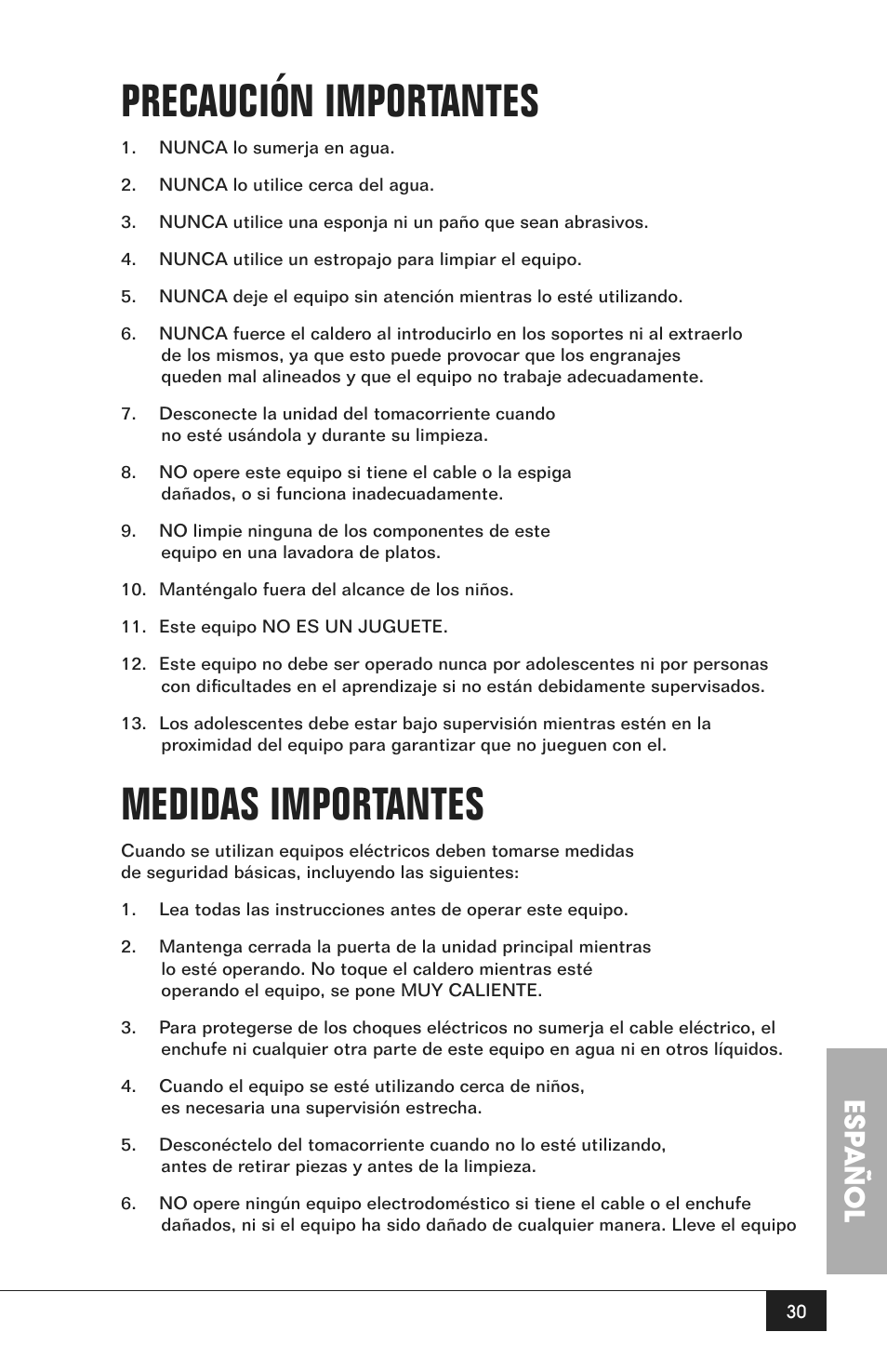 Precaución importantes, Medidas importantes, Esp añol | Nostalgia Electrics CCP200 User Manual | Page 32 / 44