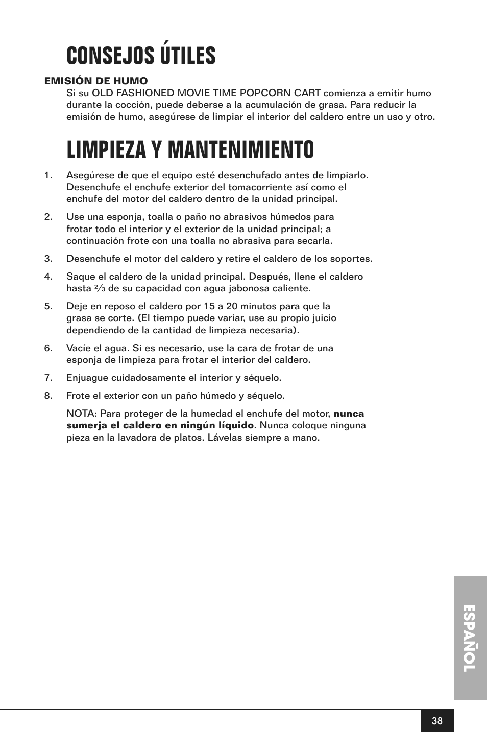 Consejos útiles, Limpieza y mantenimiento, Esp añol | Nostalgia Electrics CCP200 User Manual | Page 40 / 44