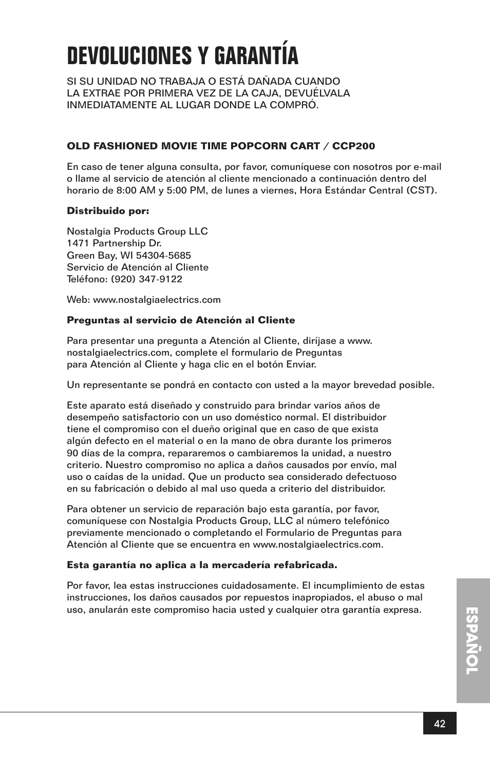 Devoluciones y garantía, Esp añol | Nostalgia Electrics CCP200 User Manual | Page 44 / 44