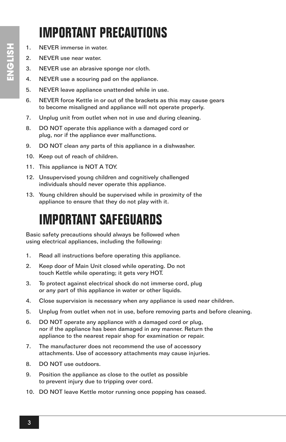 Important precautions, Important safeguards, English | Nostalgia Electrics CCP200 User Manual | Page 5 / 44