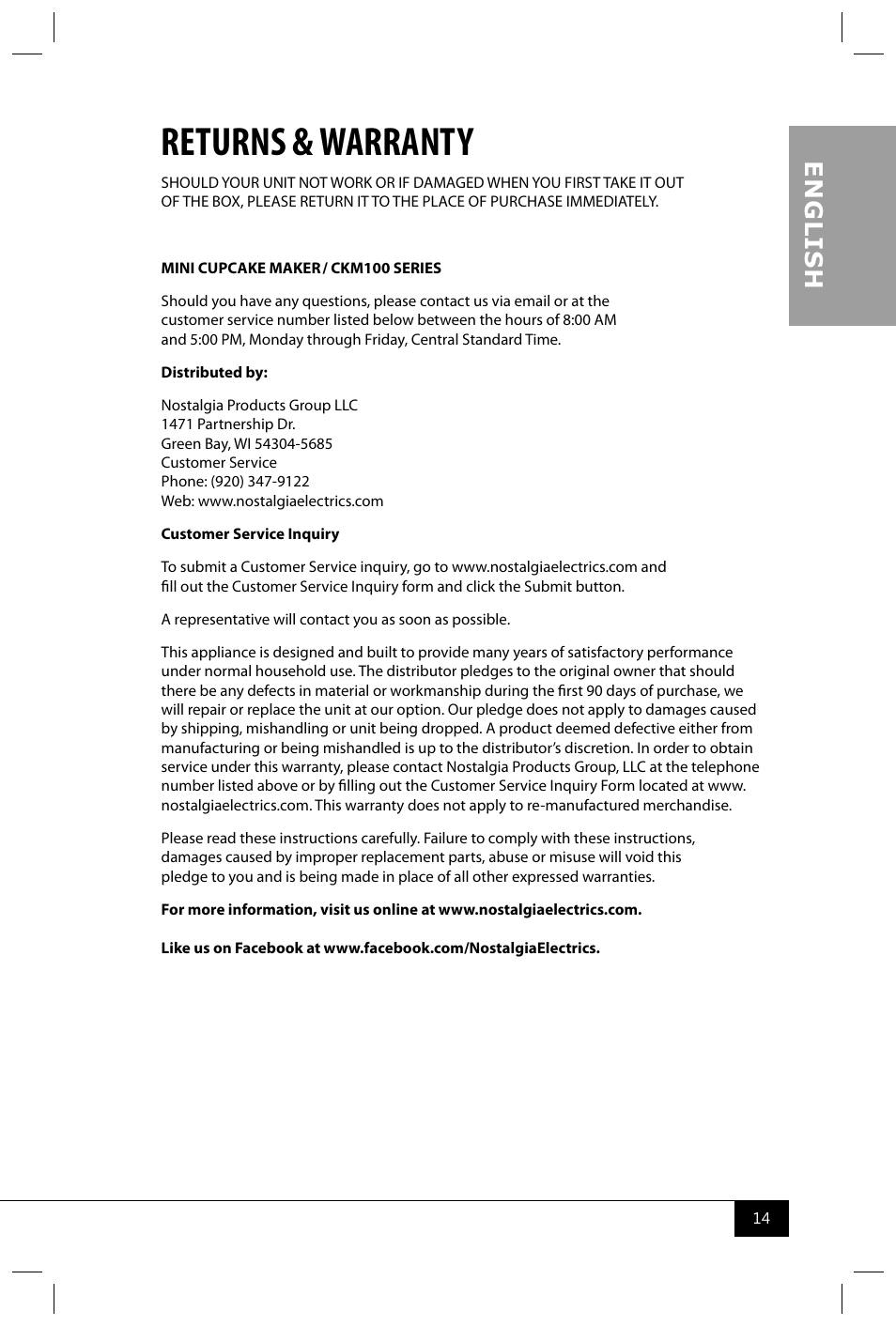 Returns & warranty, En g li s h | Nostalgia Electrics CKM100 User Manual | Page 16 / 42