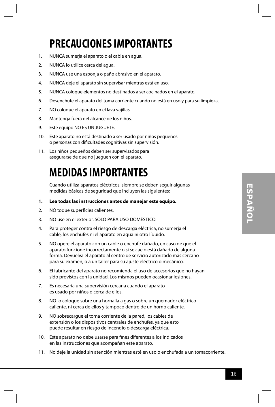 Precauciones importantes, Medidas importantes | Nostalgia Electrics CKM100 User Manual | Page 18 / 42
